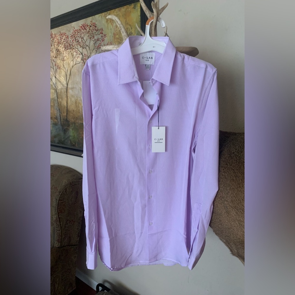 Comfort Lab NYC men’s “stretch” button down long sleeve- size 16.5, lavender/wht